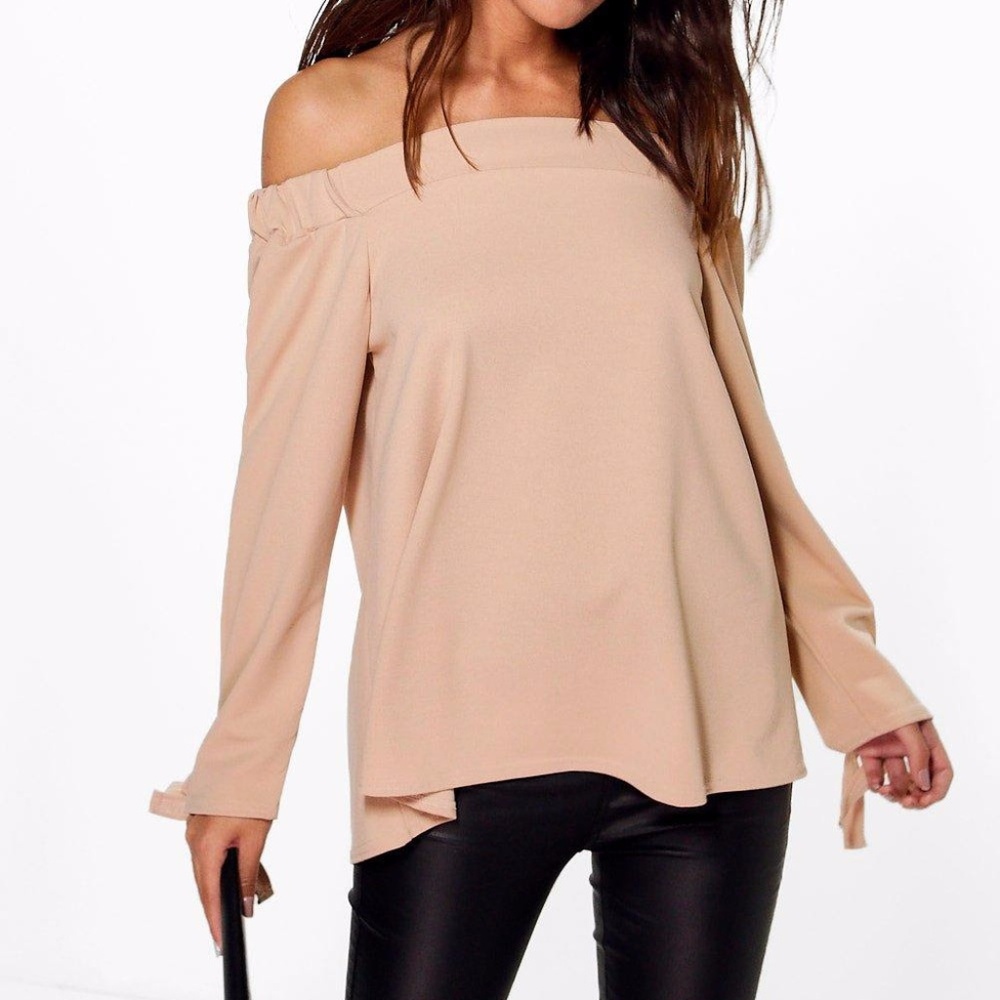 BooHoo Emma Tie Sleeve Bardot Top in Stone